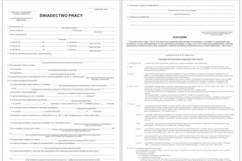 Fragment świadectwa pracy z polami do wypełnienia.