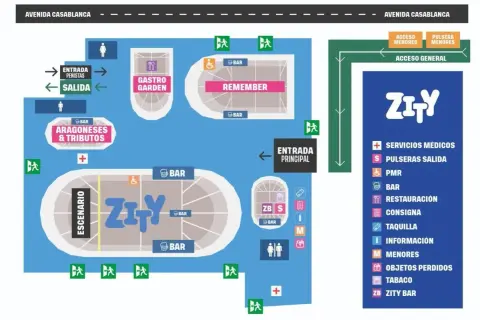 Mapa del recinto Zity con escenario, bares, zonas de restauración, accesos y servicios médicos.