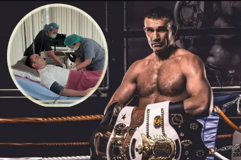Peter Aerts, en legendarisk tungviktsboxare, visas med sina mästarbälten. I en cirkulär inramning ses han ligga i en sjukhussäng medan två sjuksköterskor övervakar hans tillstånd.