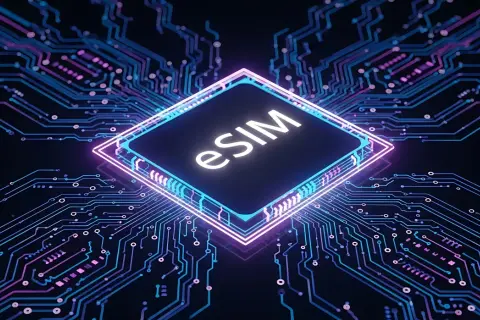 Elektroniczna karta SIM (eSIM) w centrum cyfrowego obwodu, symbolizująca przyszłość telefonów.
