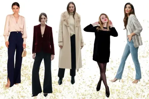 Cinco mujeres lucen elegantes atuendos para Navidad: pantalones palazzo, blazer de terciopelo, abrigo largo, vestido negro y chaqueta de lentejuelas.