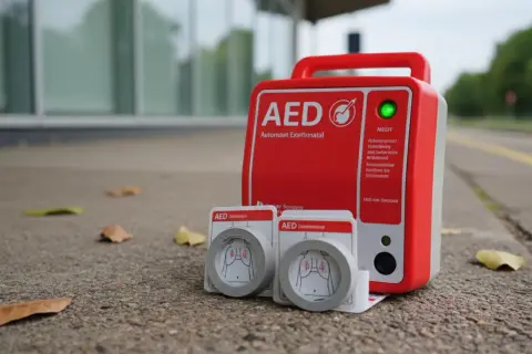Czerwony AED gotowy do użycia, gdyby wystąpiło nagłe zatrzymanie krążenia lub trzepotanie komór. Obok elektrody.