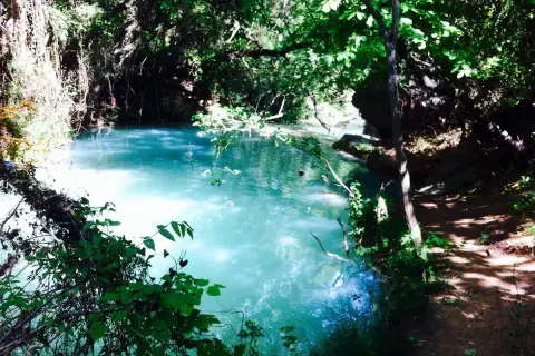 Magnifique cascade près de Gréoux-les-Bains, aux eaux turquoise, nichée dans une végétation luxuriante.