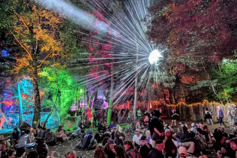 Bunte Lichter und ein Discoball erhellen den Wald, während eine Menge auf dem Boden sitzt. Das ist die Magie des Fusion Festival Lineups!