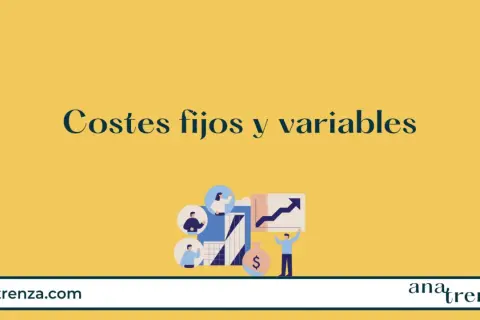Ilustración sobre costes fijos y variables, con personas, bolsa de dinero y gráfico de crecimiento.