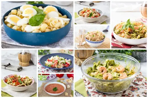 Collage di primi piatti freddi: pasta con uova e tonno, insalata di riso, pasta al pesto con gamberi e salmone, gazpacho.