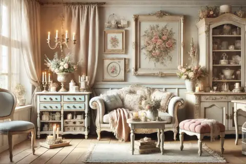 Salotto in stile shabby chic con divano imbottito, cassettiera azzurra, quadri floreali e candele accese.