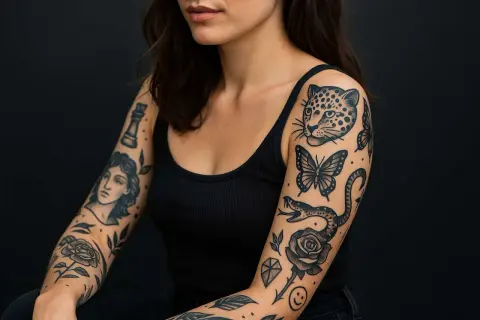 Frau mit vielen kleinen Tattoos im Stil von Leopard, Schlangen, Rosen und Schmetterlingen.