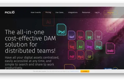 PICS.IO: a cost-effective DAM solution for distributed teams, showcasing various file types like Psd, Jpg, and Pdf.