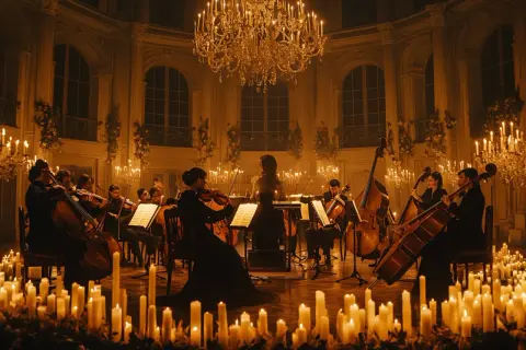 Orkiestra smyczkowa gra w blasku świec. Nastrojowy ludovico einaudi koncert w eleganckiej sali.