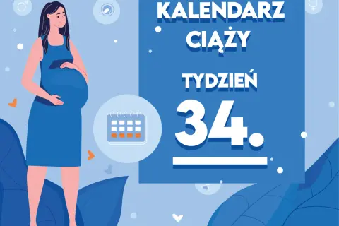Kobieta w niebieskiej sukience, w 34 tygodniu ciąży, z uśmiechem na twarzy. Obok kalendarz i napisy "KALENDARZ CIĄŻY TYDZIEŃ 34".