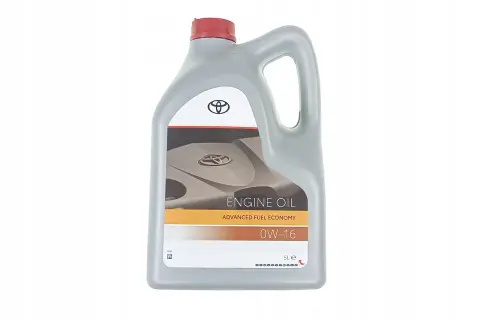 Szara butelka oleju silnikowego Toyota 0W-16 o pojemności 5L.