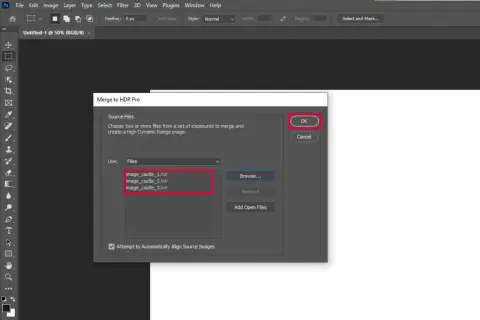 Finestra "Merge to HDR Pro" in Photoshop, pronta per unire tre file .hdr per creare un'immagine con gamma dinamica estesa.
