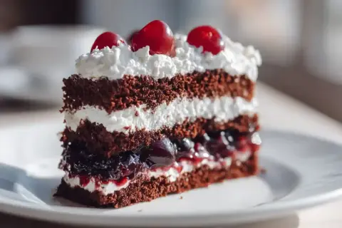 Tranche de forêt noire, un gâteau au chocolat moelleux garni de crème fouettée et de cerises juteuses.