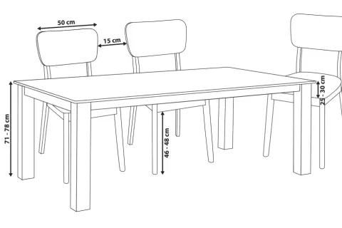 Ritning av ett matbord med tre stolar. Mått för bordets höjd (71-78 cm), avstånd mellan stolar (15 cm), stolens bredd (50 cm) och sitthöjd (25-30 cm) visas.