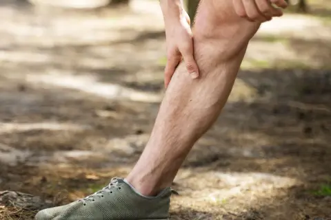 Uomo con mano sulla tibia, avvertendo dolore tibiale anteriore a riposo. Scarpa da ginnastica verde in primo piano.