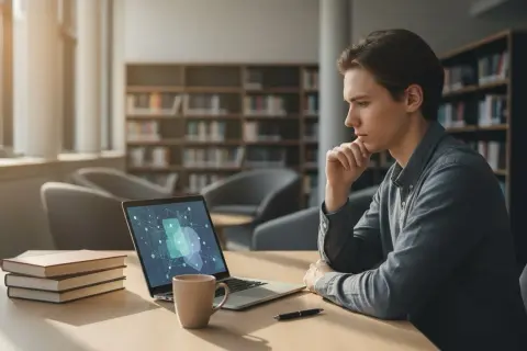 Student zastanawia się, ile procent plagiatu jest dopuszczalne w pracy magisterskiej, siedząc przy biurku w bibliotece.