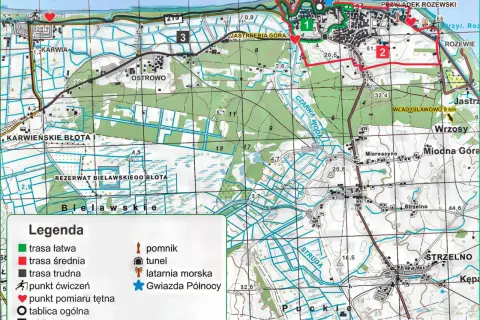 Mapa turystyczna z zaznaczonymi trasami pieszymi i rowerowymi. Widoczna Jastrzębia Góra, Karwia, Rozewie. Trasa średnia oznaczona kolorem czerwonym.