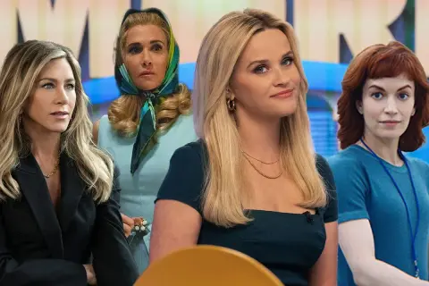 Vier Frauen, darunter Jennifer Aniston und Reese Witherspoon, posieren für eine Apple TV-Serie.