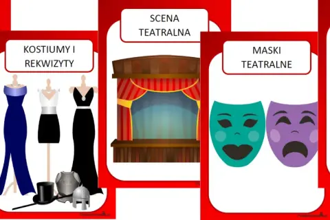 Karty pracy dla przedszkola: widownia, kostiumy, scena, maski i scenariusz.