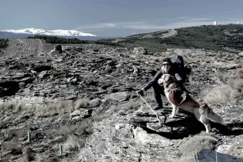 Senderismo en la sierra de los Filabres con mi fiel compañero. El paisaje rocoso y las cumbres nevadas crean un escenario impresionante.