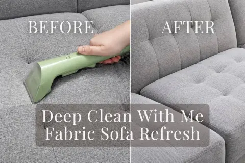 Before and after of a grey fabric couch being deep cleaned with a handheld upholstery cleaner.