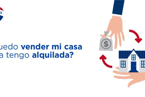 Ilustración sobre derechos del inquilino en caso de venta. Una mano entrega una bolsa de dinero y otra recibe una casa.