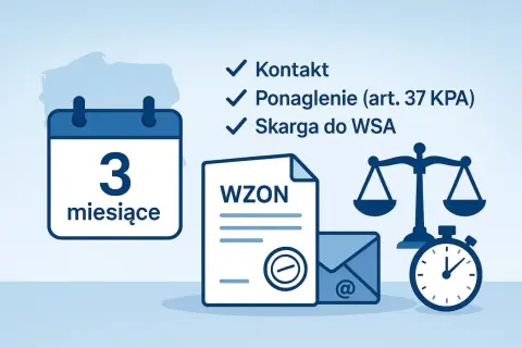 ZUS świadczenie wspierające: 3 miesiące na kontakt, ponaglenie lub skargę do WSA. Dokument WZON, waga sprawiedliwości i zegar.