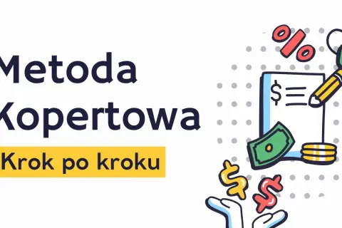 Metoda Kopertowa: krok po kroku, jak zacząć oszczędzać pieniądze. Grafika z symbolami dolara, procentów i pieniędzy.