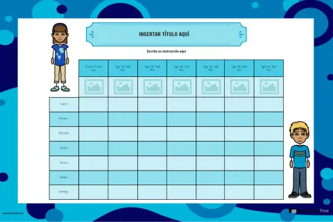 Plantillas imprimibles para organizar tareas semanales. Incluye espacios para título, instrucciones, días de la semana y tareas diarias.