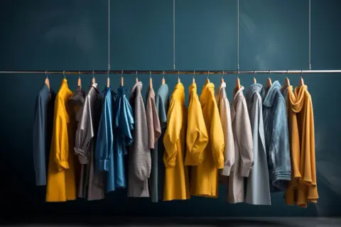 Wybierasz żakiet do żółtej sukienki? Na wieszaku wiszą różne opcje: od eleganckich po casualowe.