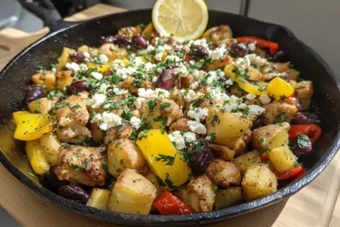 En smakrik grekisk pyttipanna med kyckling, potatis, paprika, oliver och fetaost, toppad med citron och persilja.