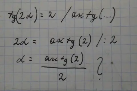 Rozwiązanie równania trygonometrycznego: tg(2α) = 2. Kolejne kroki prowadzą do α = arctg(2)/2.