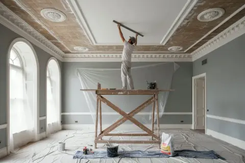 Lavoratore applica intonaco al soffitto decorato, un passo fondamentale per come isolare una casa e migliorare l'efficienza energetica.