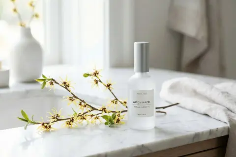 Botella de aceite de hamamelis junto a ramas con flores amarillas. Descubre las maravillosas hamamelis propiedades para tu piel.