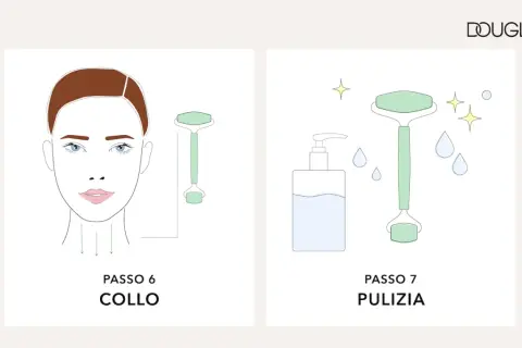 Passo 6: massaggio al collo con rullo di giada. Passo 7: pulizia con flacone e gocce d'acqua.