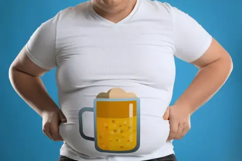 Pancia che sembra la birra gonfia, con schiuma e bollicine, su sfondo blu.