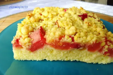 Pyszny, domowy przepis na ciasto z rabarbarem i kruszonką. Idealne na letnie popołudnie.