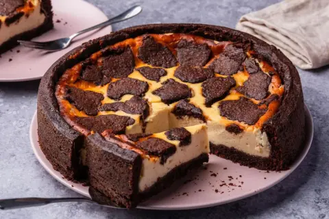 Ein saftiger russischer Zupfkuchen von Sally, mit dunklem Schokoboden und cremiger Füllung, belegt mit zupfartigen Schokostückchen.