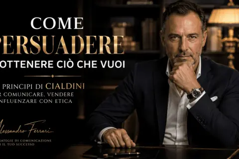 Uomo d'affari con mano sul mento, immagine che promuove l'arte del convincimento e le strategie per comunicare, vendere e influenzare con etica.