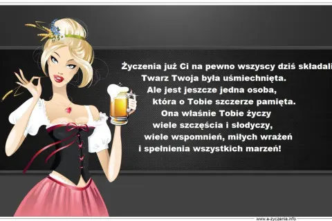 Kobieta w stroju bawarskim z kuflem piwa, życzy śmieszne imieniny dla faceta, dużo szczęścia i spełnienia marzeń.