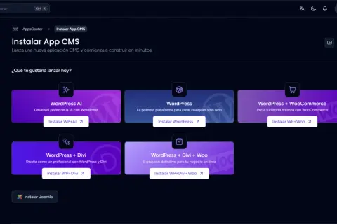 Panel para instalar CMS como WordPress, ideal para aprender como hacer una web. Opciones para IA, tiendas y diseño profesional.