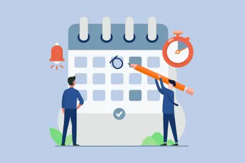 Due uomini pianificano permessi e ferie su un calendario, con un cronometro e una campana di notifica.