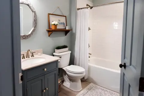 Bagno moderno con lavabo, WC e vasca. Un progetto di demolizione bagno fai da te che trasforma lo spazio.