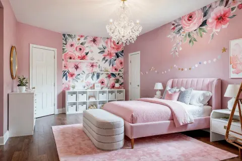 Charming baby girls room designs featuring a pink velvet bed, floral wallpaper, and a crystal chandelier.