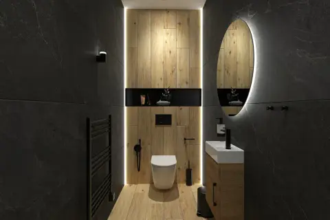 Élégante deco wc noir et bois, avec un mur en bois chaleureux, un WC suspendu et un lavabo moderne.