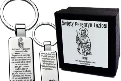 Brelok i pudełko z wizerunkiem św. Peregryna. Modlitwa o cud uzdrowienia dla cierpiących.