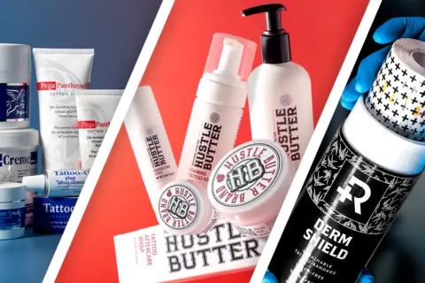 Verschiedene Produkte zur Tattoo-Pflege, darunter Cremes, Lotionen und Bandagen. Diese tattoo schmerzcreme und Pflegeprodukte helfen bei der Heilung.
