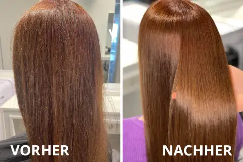 Vorher: extrem kaputte Haare, strohig und glanzlos. Nachher: seidig, glänzend und gesund aussehend.
