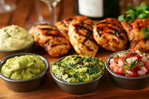 Grillad kyckling med tre olika såser: guacamole, grön ört-sås och pico de gallo. Perfekt sås till grillat för en somrig middag.